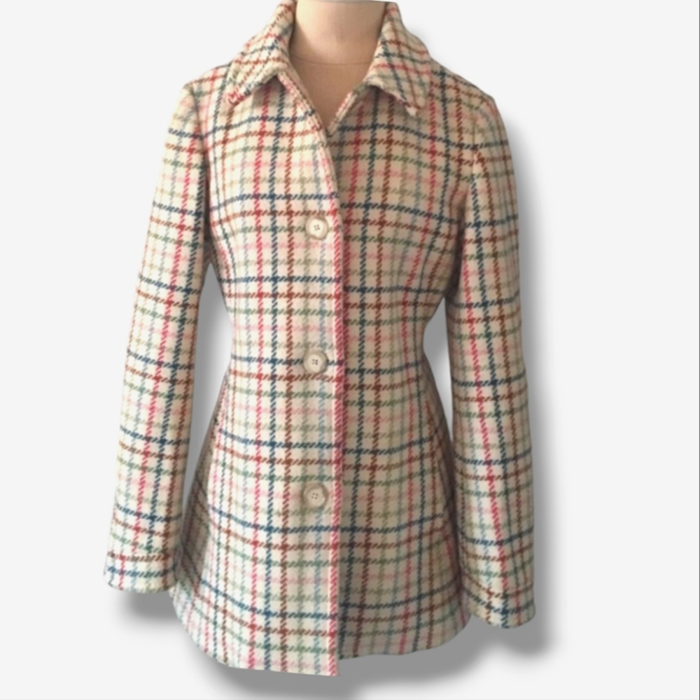Coach Pea Coat Tattersall Rainbow Grid Plaid Wool Ivory XS F80692
